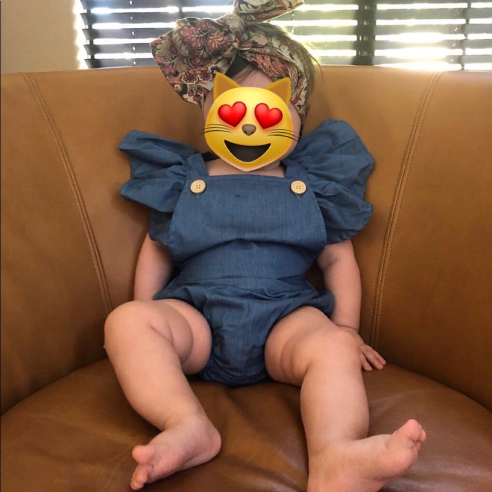 ‼️SOLD‼️Jean Ruffle Baby Rustic Button Romper - Picture 3 of 3